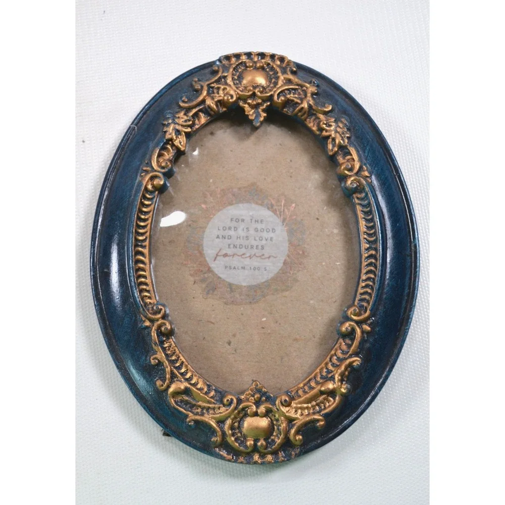 Vintage Style Oval Resin Photo Frame Blue Gold Gilt Ornate Baroque Tabletop